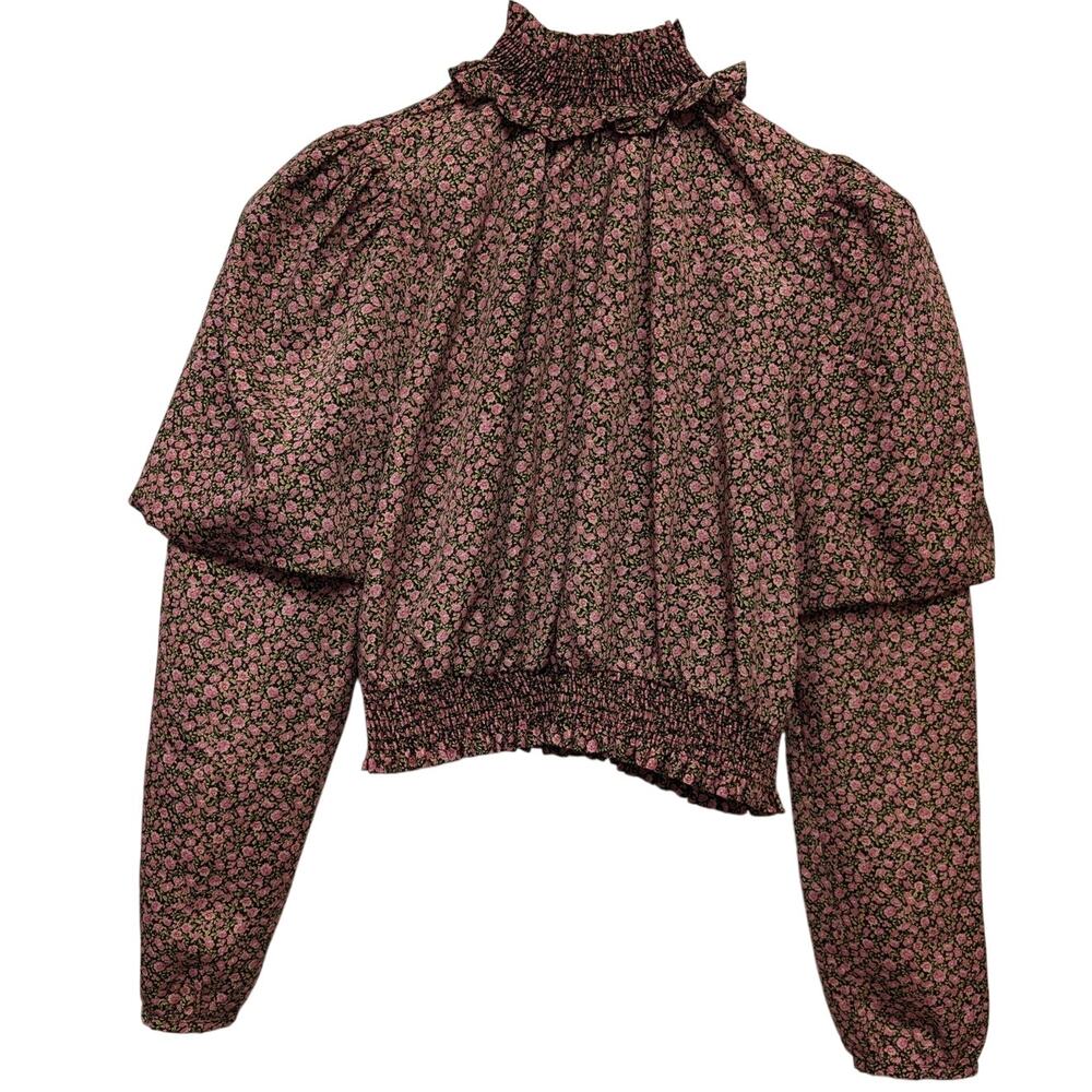 Zara Floral Print Mock Neck Puff Sleeve Blouse Multicolor XS Cropped Cottagecore